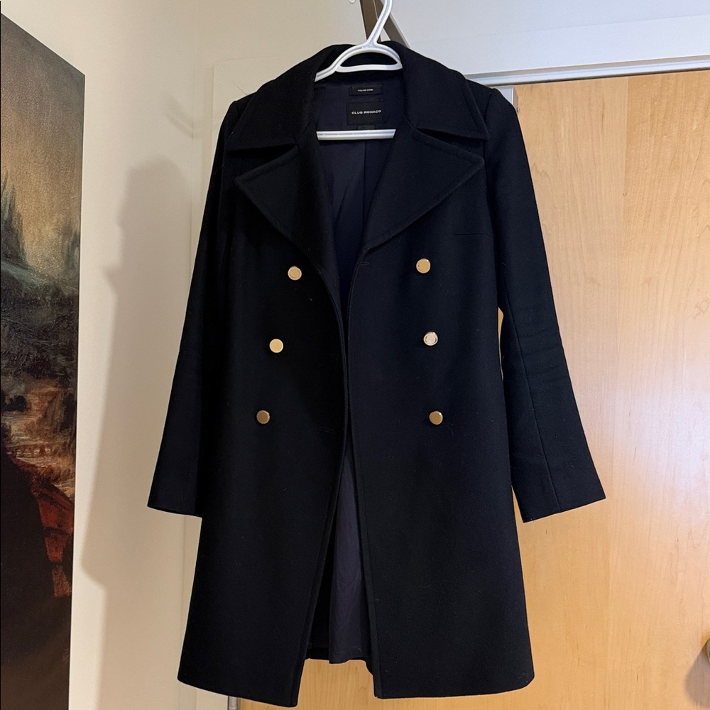 Club Monaco Wool Peacoat XS black, double breasted, gold buttons